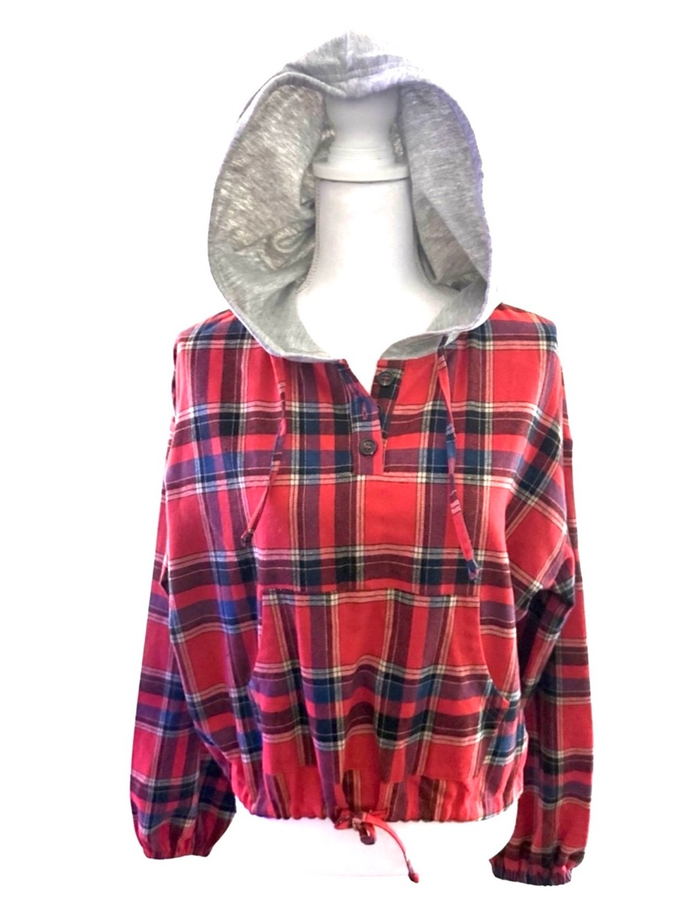 Hem & Thread Hooded Pullover Top Red Plaid Cotton Red Navy Women Small New